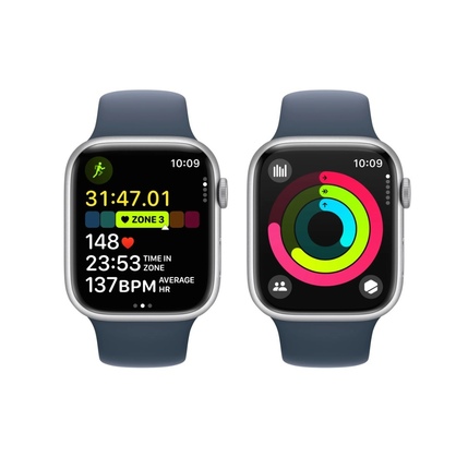 Smart saat Apple Watch Series 9 GPS, 45mm Silver Aluminium Case with Storm Blue Sport Band - M/L (MR9E3QI/A)